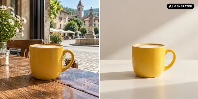 AI-generated example: Before: neutral source photo. After: Less in the picture.