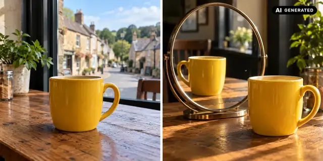 AI-generated example: Before: neutral source photo. After: A composition with mirrors.