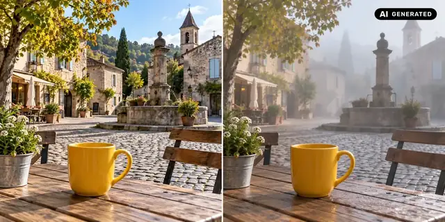 AI-generated example: Before: neutral source photo. After: A touch of mist.