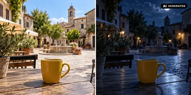 AI-generated example: Before: neutral source photo. After: Lit by the moon.