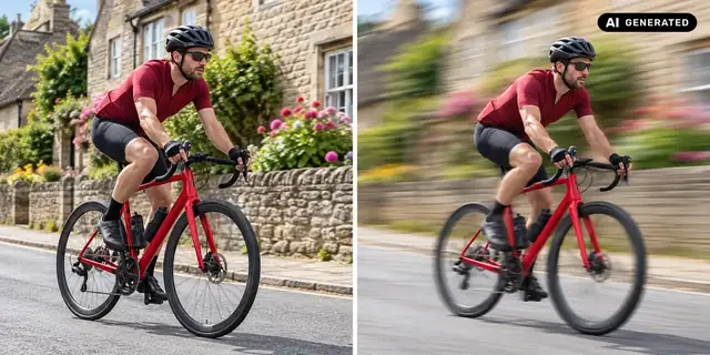 AI-generated example: Before: neutral source photo. After: Motion in the image.