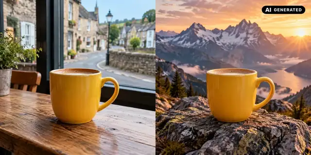 AI-generated example: Before: neutral source photo. After: Against a mountain backdrop.