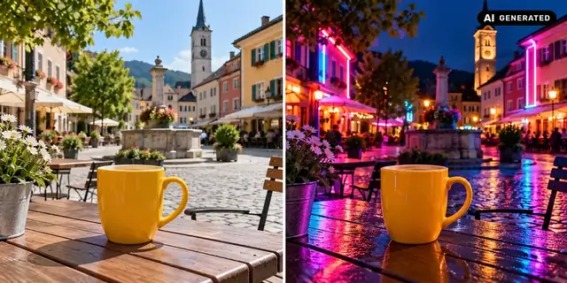 AI-generated example: Before: neutral source photo. After: Neon-coloured light.