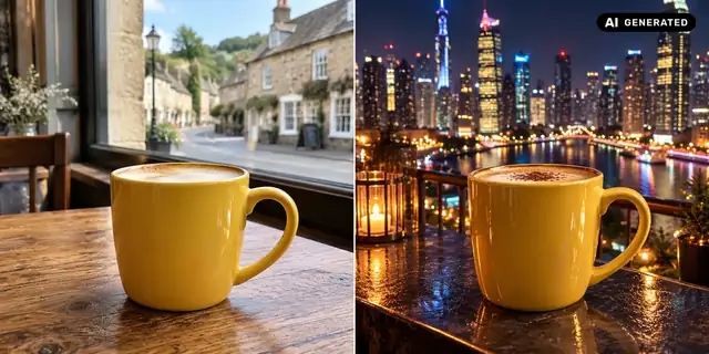AI-generated example: Before: neutral source photo. After: The city at night.