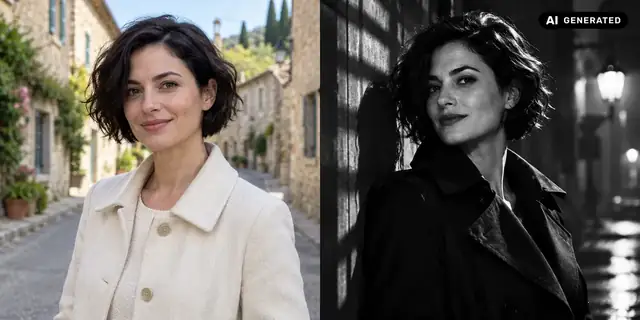 AI-generated example: Before: neutral source photo. After: Light and shadow in black and white.