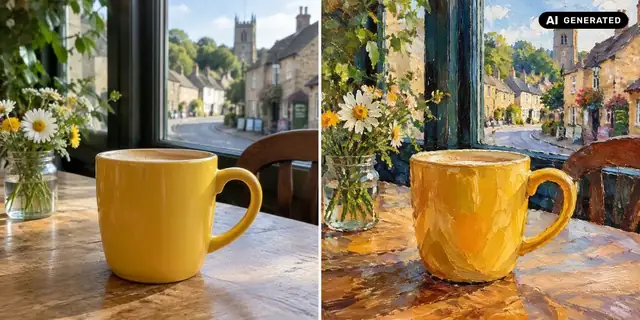 AI-generated example: Before: neutral source photo. After: Painted in oils.
