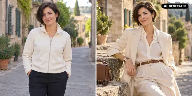 AI-generated example: Before: neutral source photo. After: Timeless elegance.