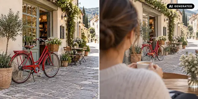 AI-generated example: Before: neutral source photo. After: Over the shoulder.