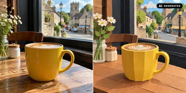 AI-generated example: Before: neutral source photo. After: Built from paper.
