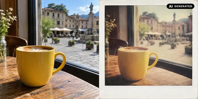 AI-generated example: Before: neutral source photo. After: An instant photo to keep.