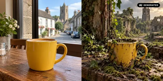 AI-generated example: Before: neutral source photo. After: After the collapse.