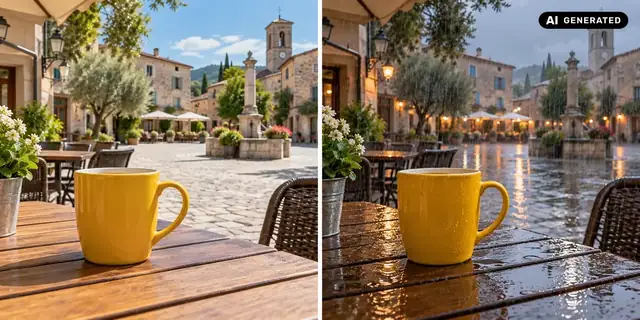 AI-generated example: Before: neutral source photo. After: Rain in the scene.