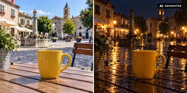 AI-generated example: Before: neutral source photo. After: A rainy night.