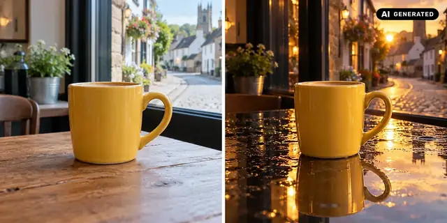 AI-generated example: Before: neutral source photo. After: A reflected subject.