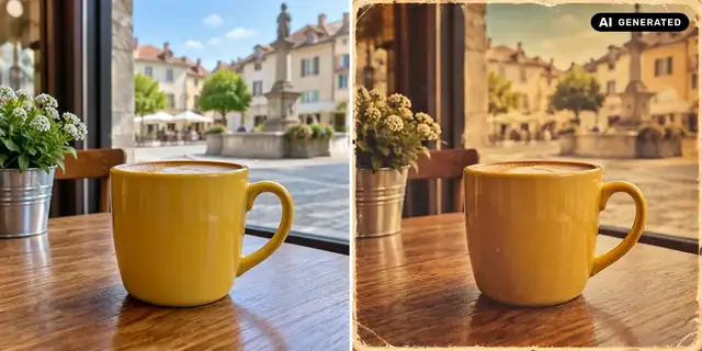 AI-generated example: Before: neutral source photo. After: Back to retro.