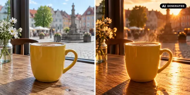 AI-generated example: Before: neutral source photo. After: A luminous edge.