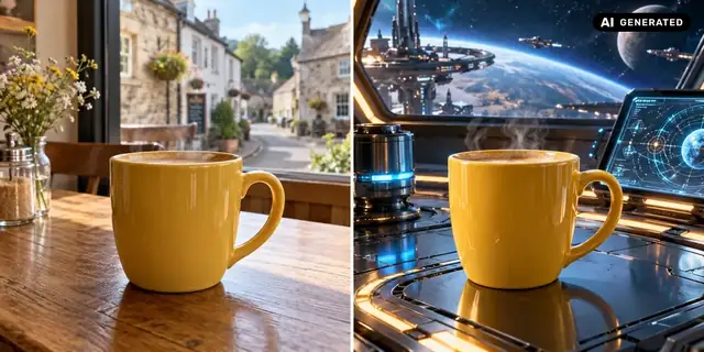 AI-generated example: Before: neutral source photo. After: A science-fiction scene.