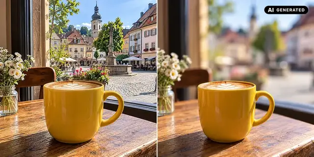 AI-generated example: Before: neutral source photo. After: Sharp subject, soft background.
