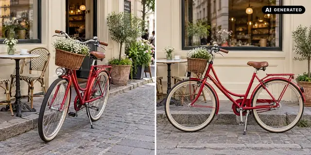AI-generated example: Before: neutral source photo. After: The side view.