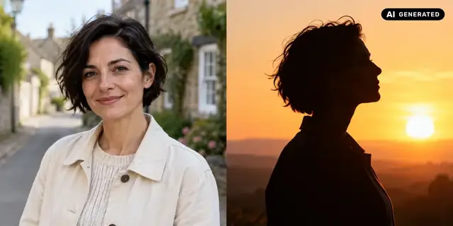 AI-generated example: Before: neutral source photo. After: Only the outline remains.