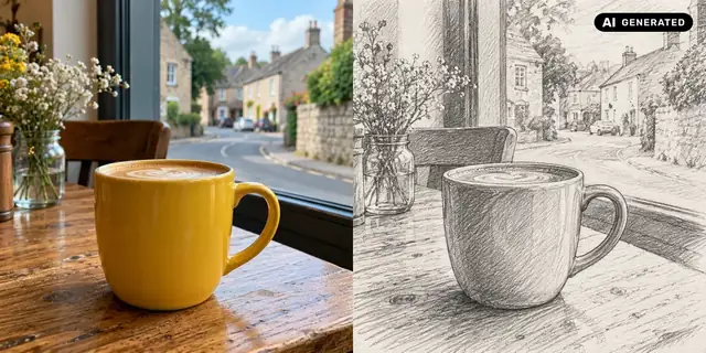 AI-generated example: Before: neutral source photo. After: Drawn in pencil.