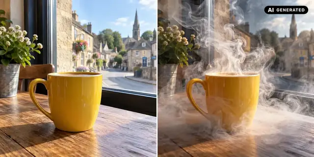 AI-generated example: Before: neutral source photo. After: Atmosphere from smoke.