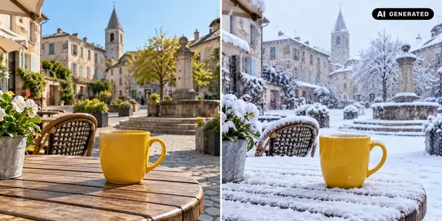 AI-generated example: Before: neutral source photo. After: Winter for your subject.