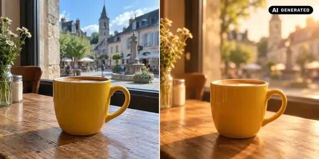 AI-generated example: Before: neutral source photo. After: Soft light.