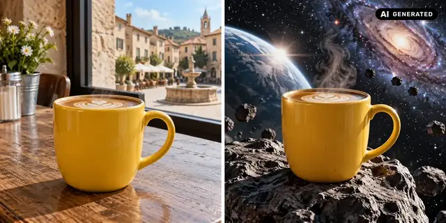 AI-generated example: Before: neutral source photo. After: Your subject in space.