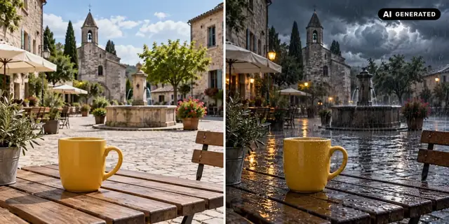 AI-generated example: Before: neutral source photo. After: A storm rolls in.