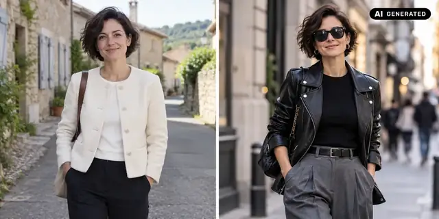 AI-generated example: Before: neutral source photo. After: Fashion on the street.
