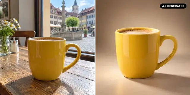 AI-generated example: Before: neutral source photo. After: Like a photo studio.