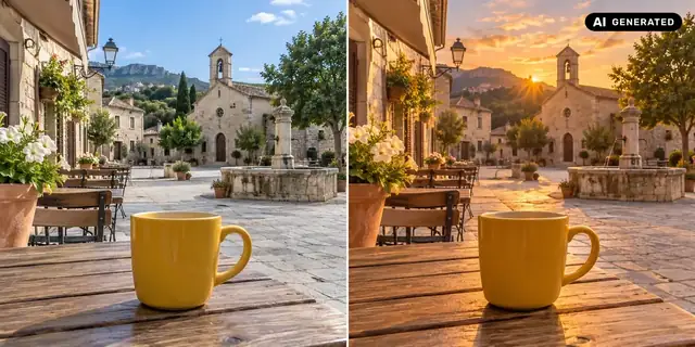 AI-generated example: Before: neutral source photo. After: The day begins.
