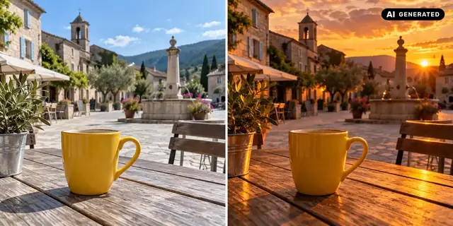 AI-generated example: Before: neutral source photo. After: At sunset.