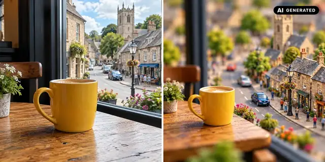 AI-generated example: Before: neutral source photo. After: The world becomes a model.