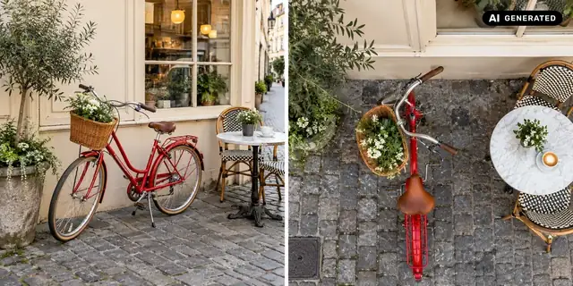 AI-generated example: Before: neutral source photo. After: Directly from above.