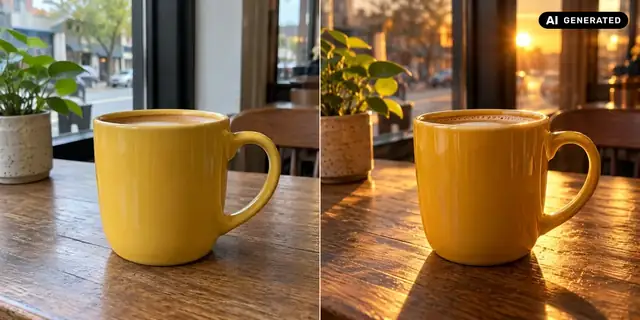 AI-generated example: Before: neutral source photo. After: As if photographed.