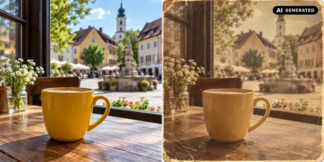 AI-generated example: Before: neutral source photo. After: A classic photo look.