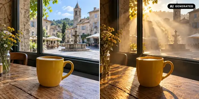 AI-generated example: Before: neutral source photo. After: Visible light.
