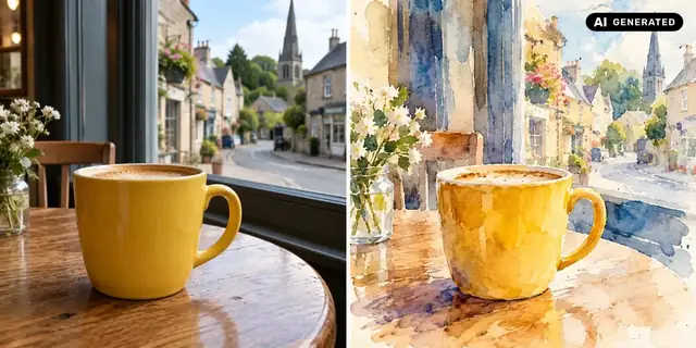 AI-generated example: Before: neutral source photo. After: A subject in watercolour.