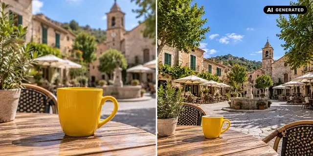AI-generated example: Before: neutral source photo. After: More of the surroundings.