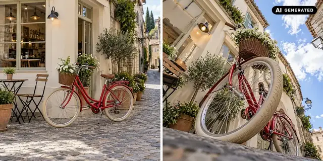 AI-generated example: Before: neutral source photo. After: From ground level.