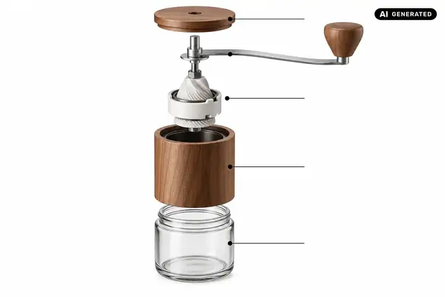 AI-generated example: A coffee grinder shows its lid, crank, burr, wooden body and collection jar arranged separately.