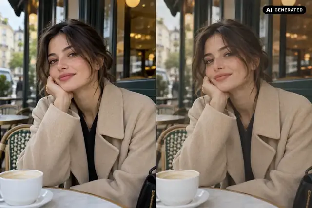 AI-generated example: A street photo gains fine grain and warm, understated colours.