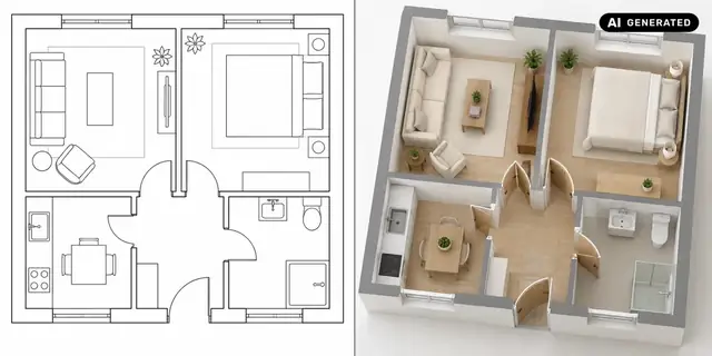 AI-generated example: A floor plan becomes a schematic furnished view from above.