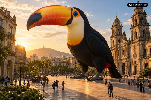 AI-generated example: A giant toucan sits in a city square between buildings.