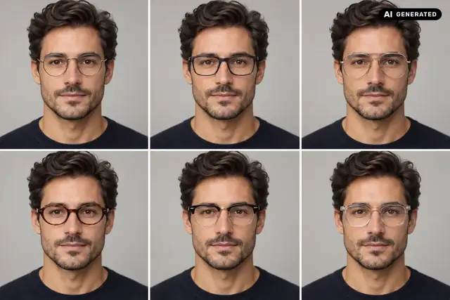 AI-generated example: A portrait shows six different glasses frames in a comparison grid.