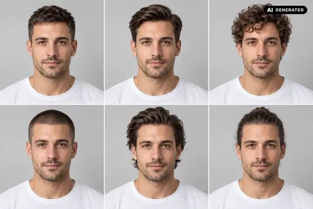 AI-generated example: A portrait shows options with a side part, short hair and longer hair.