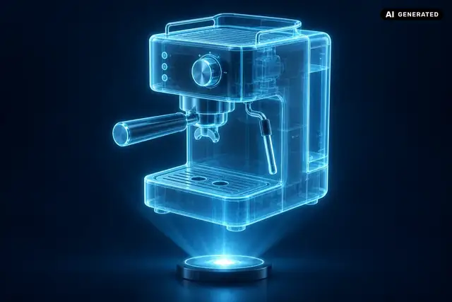 AI-generated example: An espresso machine becomes a glowing blue hologram.