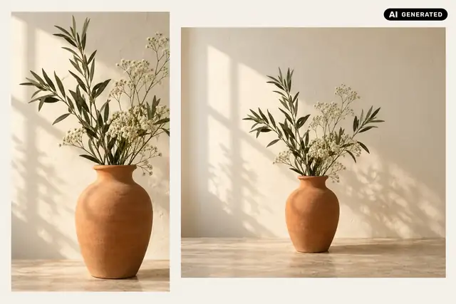 AI-generated example: The image is square. The entire vase remains visible, with the side areas extended to match the existing background.